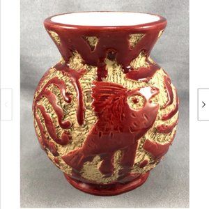 Vintage MCM Mid-century Red Italian Sgraffito Pottery Vase Fish 5" tall
